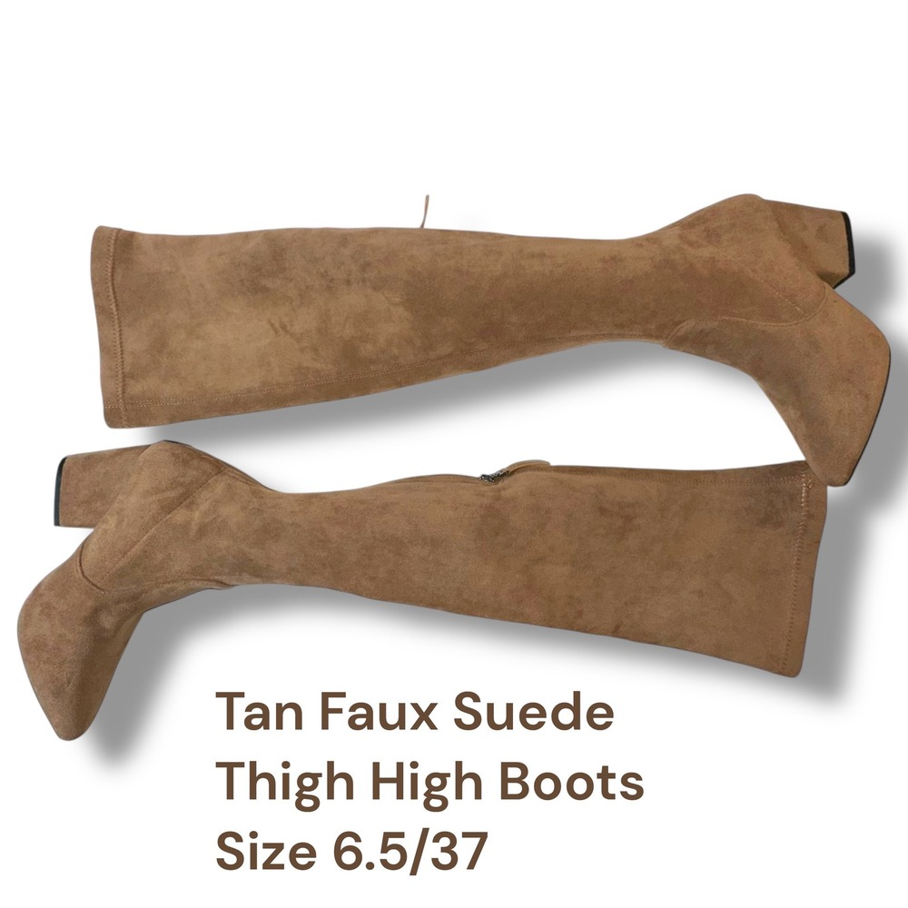 Tan Faux Suede Thigh High Boots Pointed Toe Sexy Over the Knee‎ Size 6.5/37 NEW
